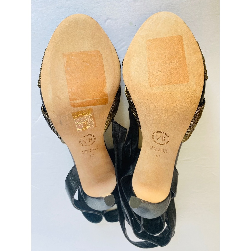 Veronica Beard Black Gold Leather Calida Sandals - Picture 10 of 10